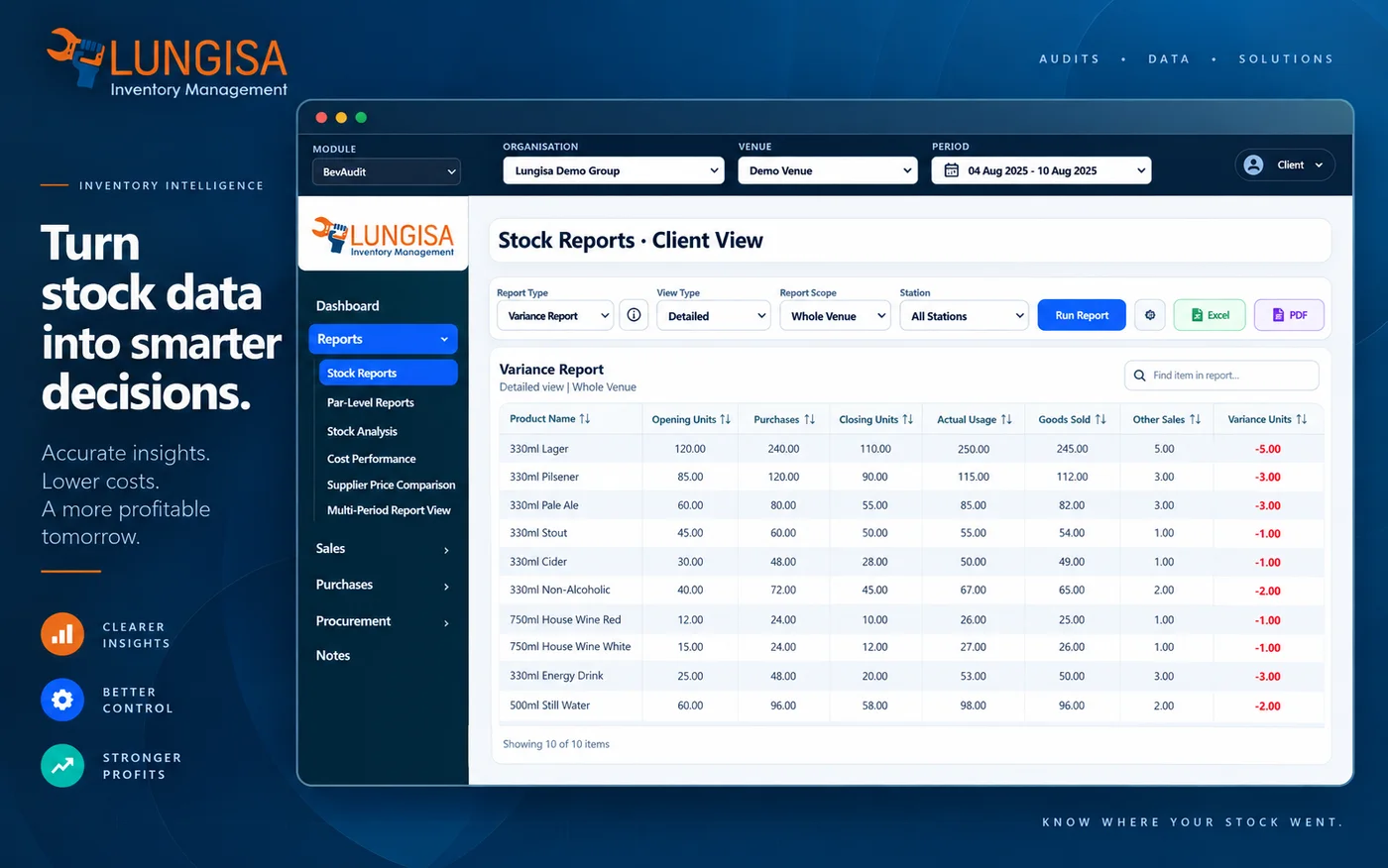 Stock analysis dashboard showing stock value mix, capital at risk and stock health metrics.